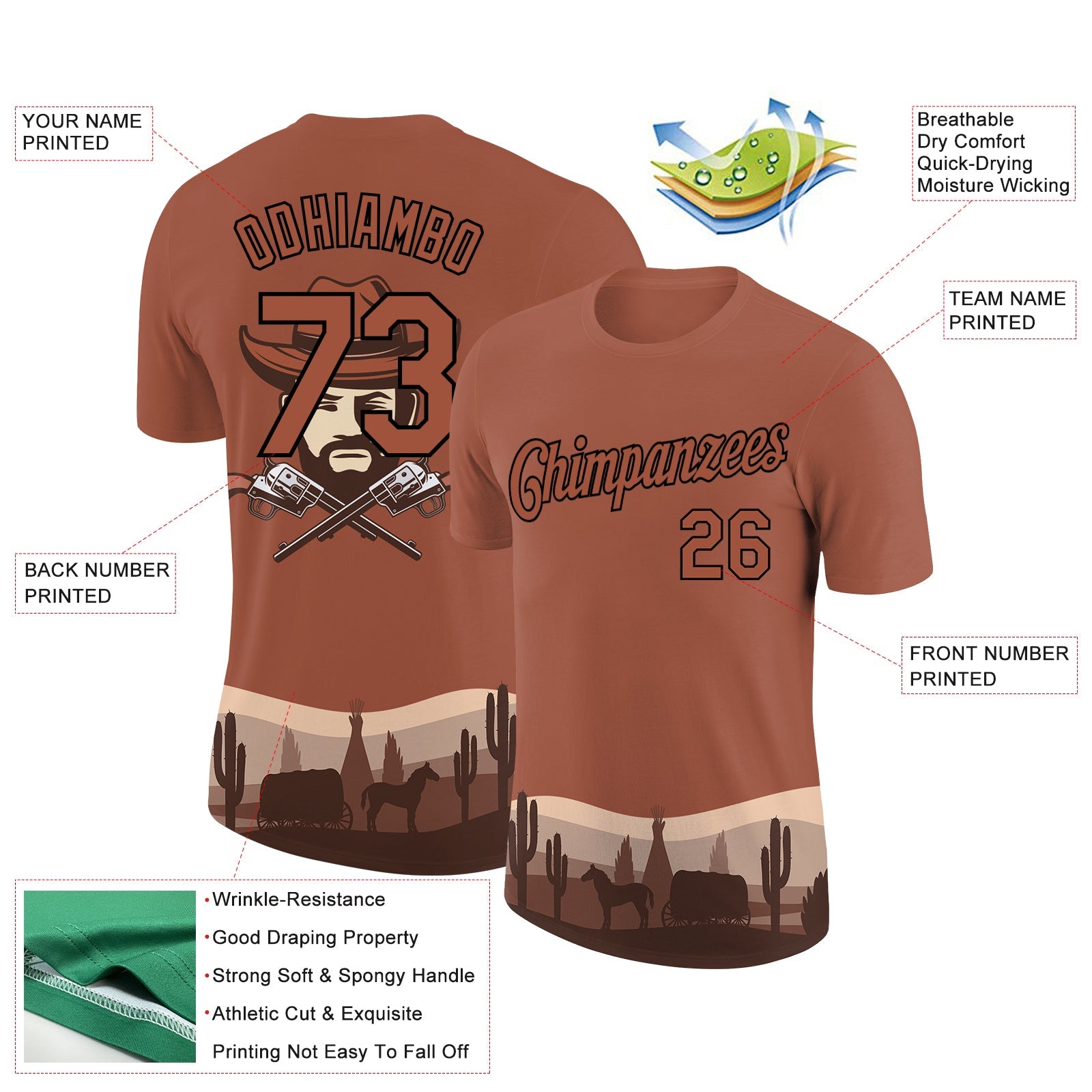 Custom Brown Black 3D Pattern Design Cowboy Rodeo Performance T-Shirt view 2