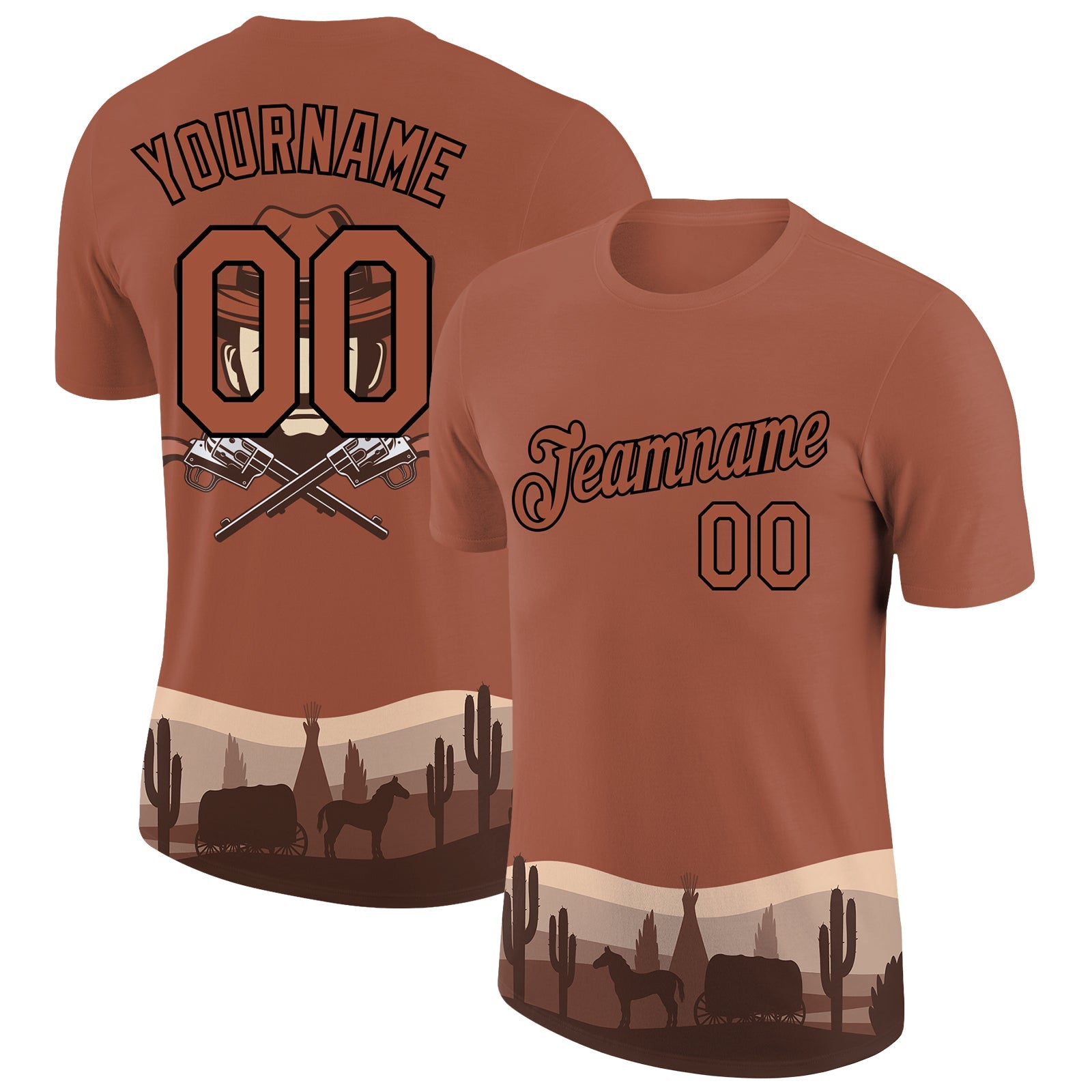 Custom Brown Black 3D Pattern Design Cowboy Rodeo Performance T-Shirt - Main View