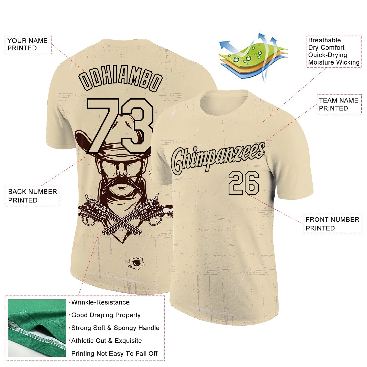 Custom Cream Black 3D Pattern Design Cowboy Performance T-Shirt view 2