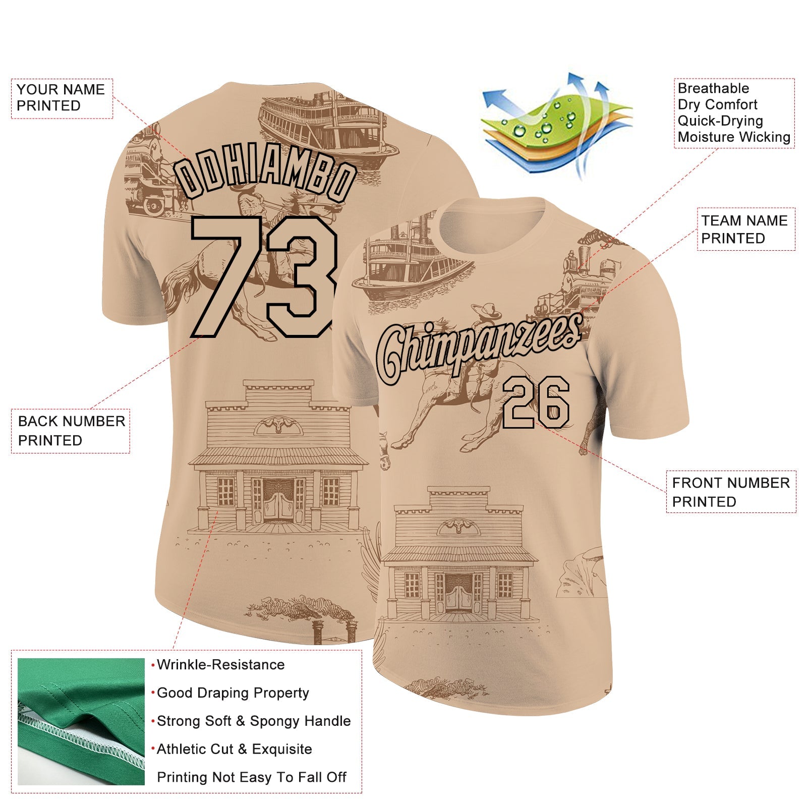 Custom City Cream Black 3D Pattern Design Cowboy Rodeo Performance T-Shirt view 2