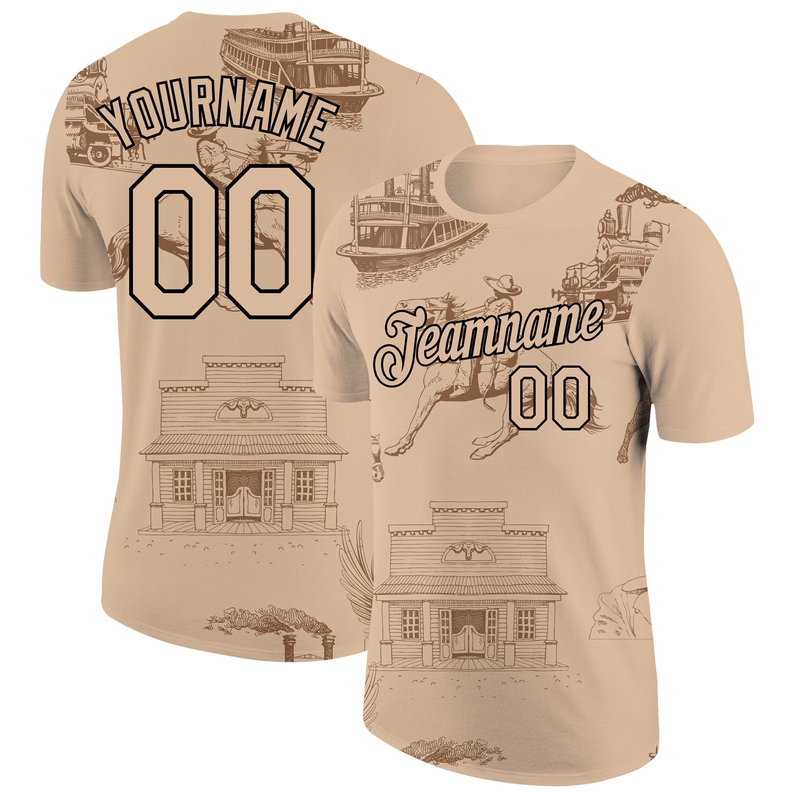 Custom City Cream Black 3D Pattern Design Cowboy Rodeo Performance T-Shirt - Main View