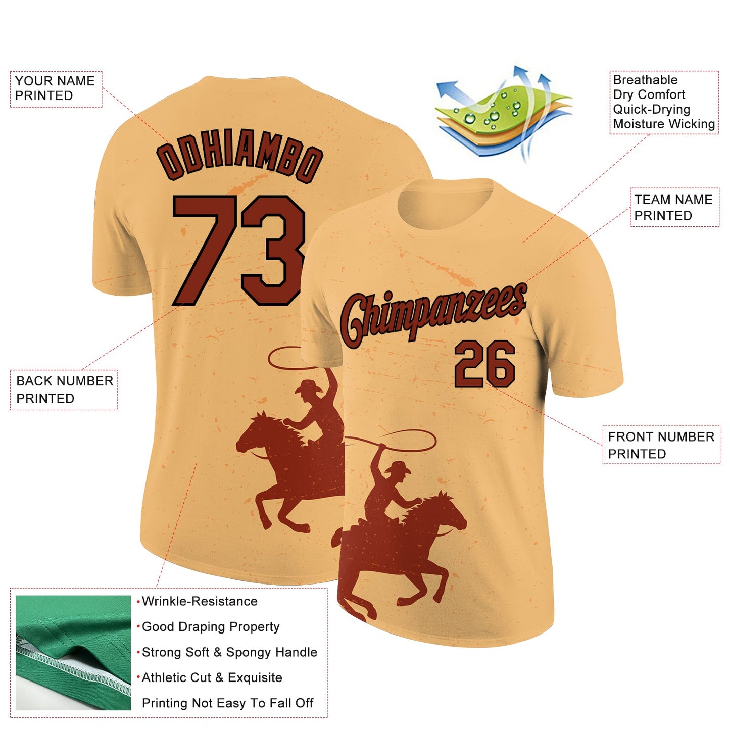 Custom Gold Crimson-Black 3D Pattern Design Cowboy Rodeo Performance T-Shirt view 2