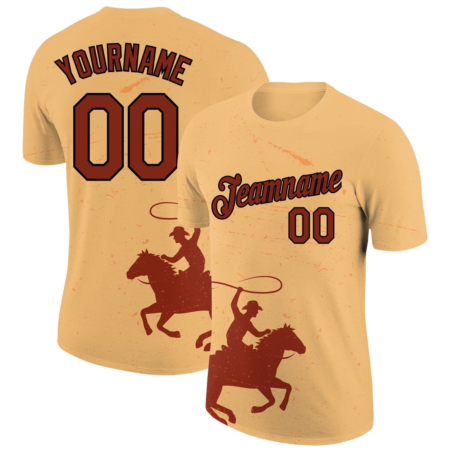 Custom Gold Crimson-Black 3D Pattern Design Cowboy Rodeo Performance T-Shirt - Main View
