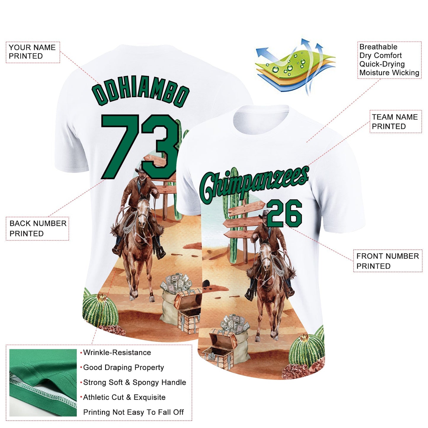 Custom White Kelly Green-Black 3D Pattern Design Cowboy Rodeo Performance T-Shirt view 2