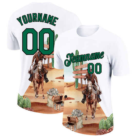 Custom White Kelly Green-Black 3D Pattern Design Cowboy Rodeo Performance T-Shirt - Main View