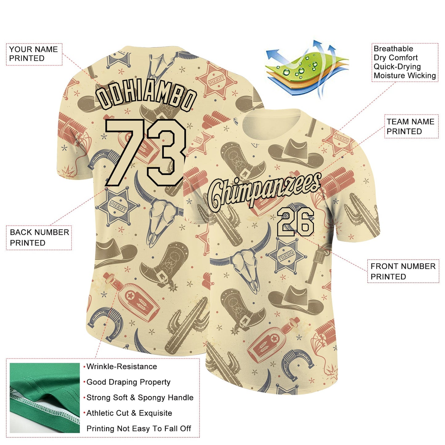Custom Cream Black 3D Pattern Design Cowboy Accessory Performance T-Shirt view 2
