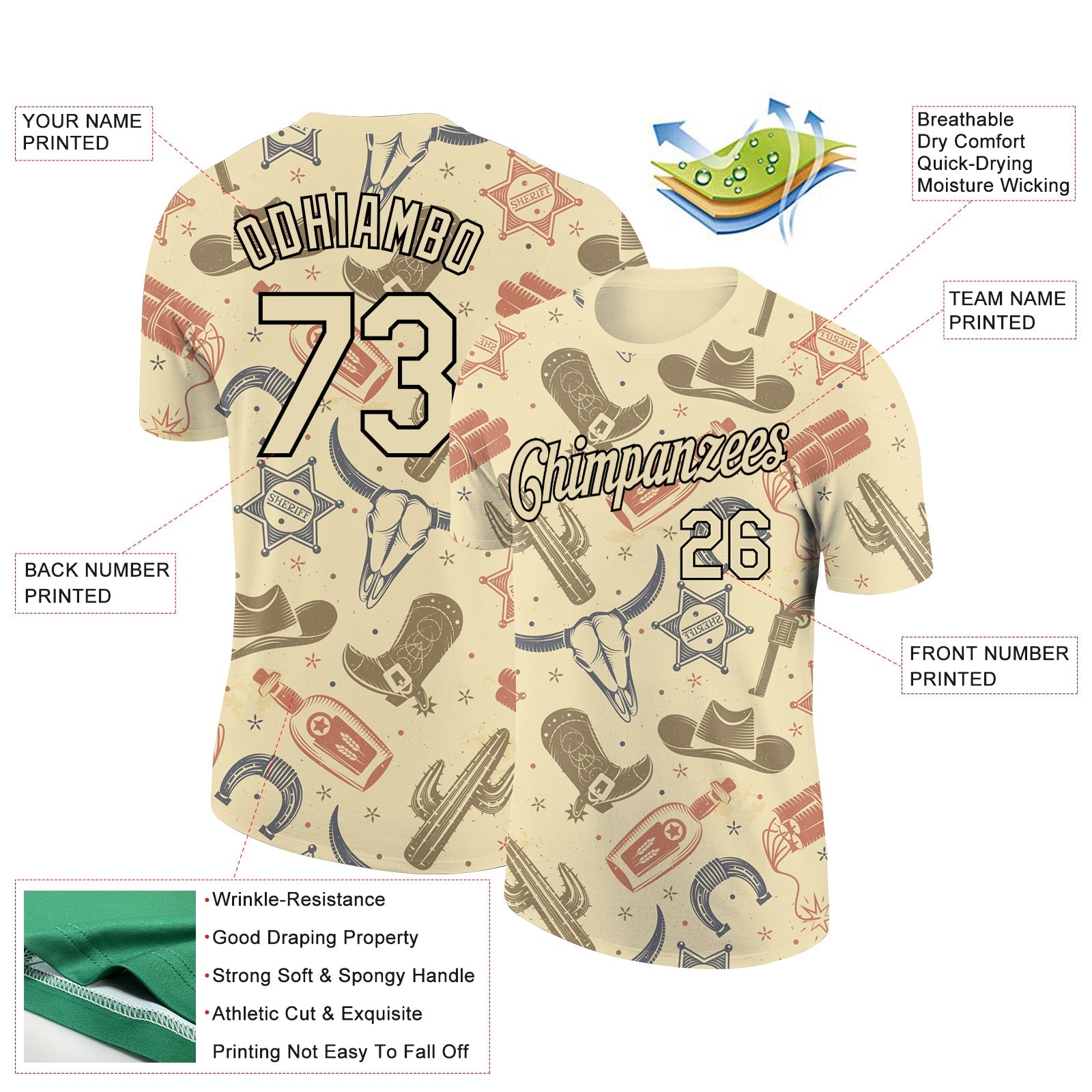 Custom Cream Black 3D Pattern Design Cowboy Accessory Performance T-Shirt view 2