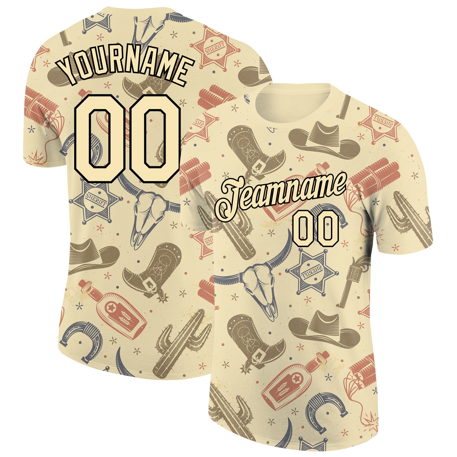 Custom Cream Black 3D Pattern Design Cowboy Accessory Performance T-Shirt - Main View