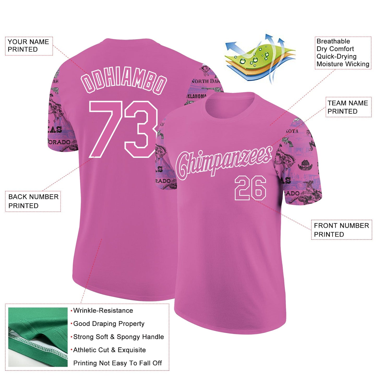 Custom Deep Pink White 3D Pattern Design Cowboy Rodeo Performance T-Shirt view 2