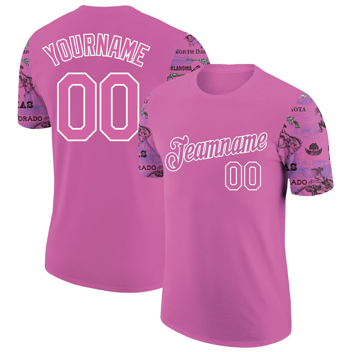 Custom Deep Pink White 3D Pattern Design Cowboy Rodeo Performance T-Shirt - Main View