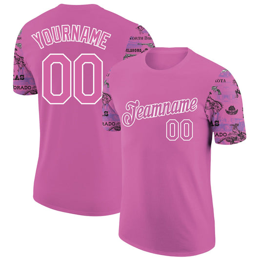 Custom Deep Pink White 3D Pattern Design Cowboy Rodeo Performance T-Shirt - Main View