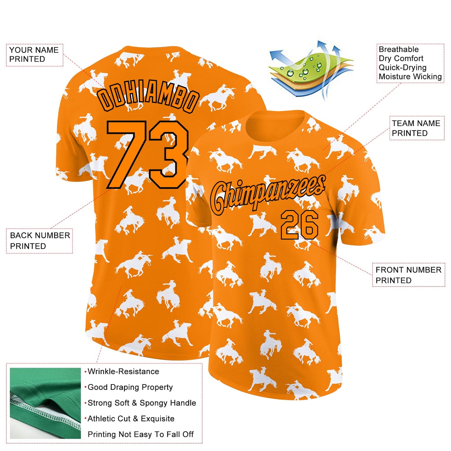 Custom Bay Orange Black 3D Pattern Design Cowboy Rodeo Performance T-Shirt view 2