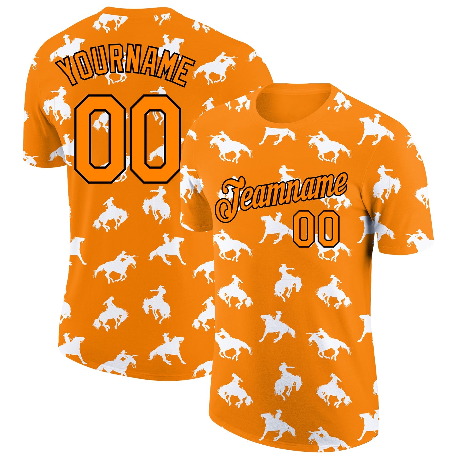 Custom Bay Orange Black 3D Pattern Design Cowboy Rodeo Performance T-Shirt - Main View