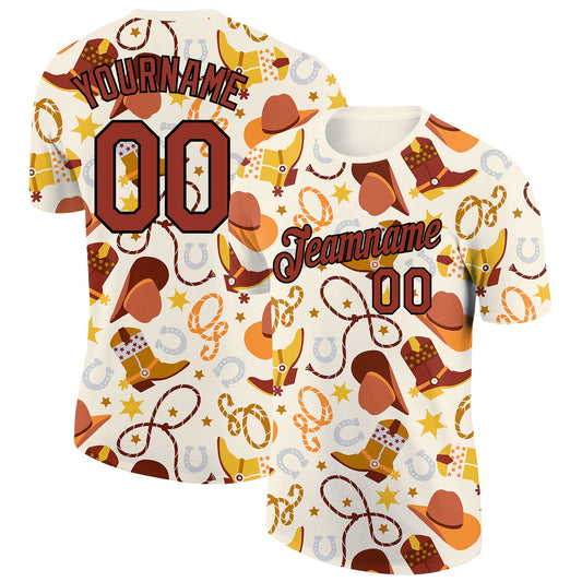 Custom Cream Crimson-Black 3D Pattern Design Cowboy Accessory Performance T-Shirt - Main View