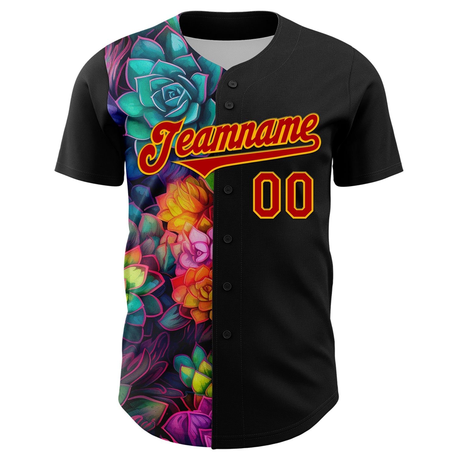 Custom Black Red-Gold 3D Pattern Design Rave Flower Authentic Baseball Jersey view 2