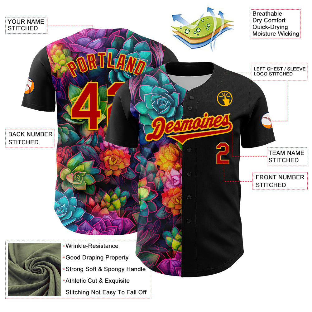 Custom Black Red-Gold 3D Pattern Design Rave Flower Authentic Baseball Jersey view 3