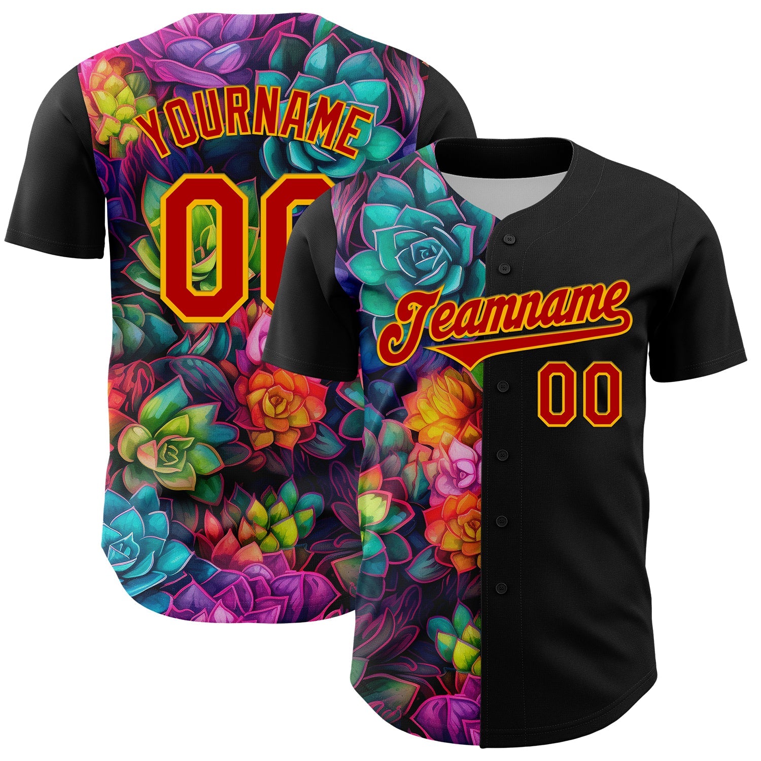 Custom Black Red-Gold 3D Pattern Design Rave Flower Authentic Baseball Jersey - Main View