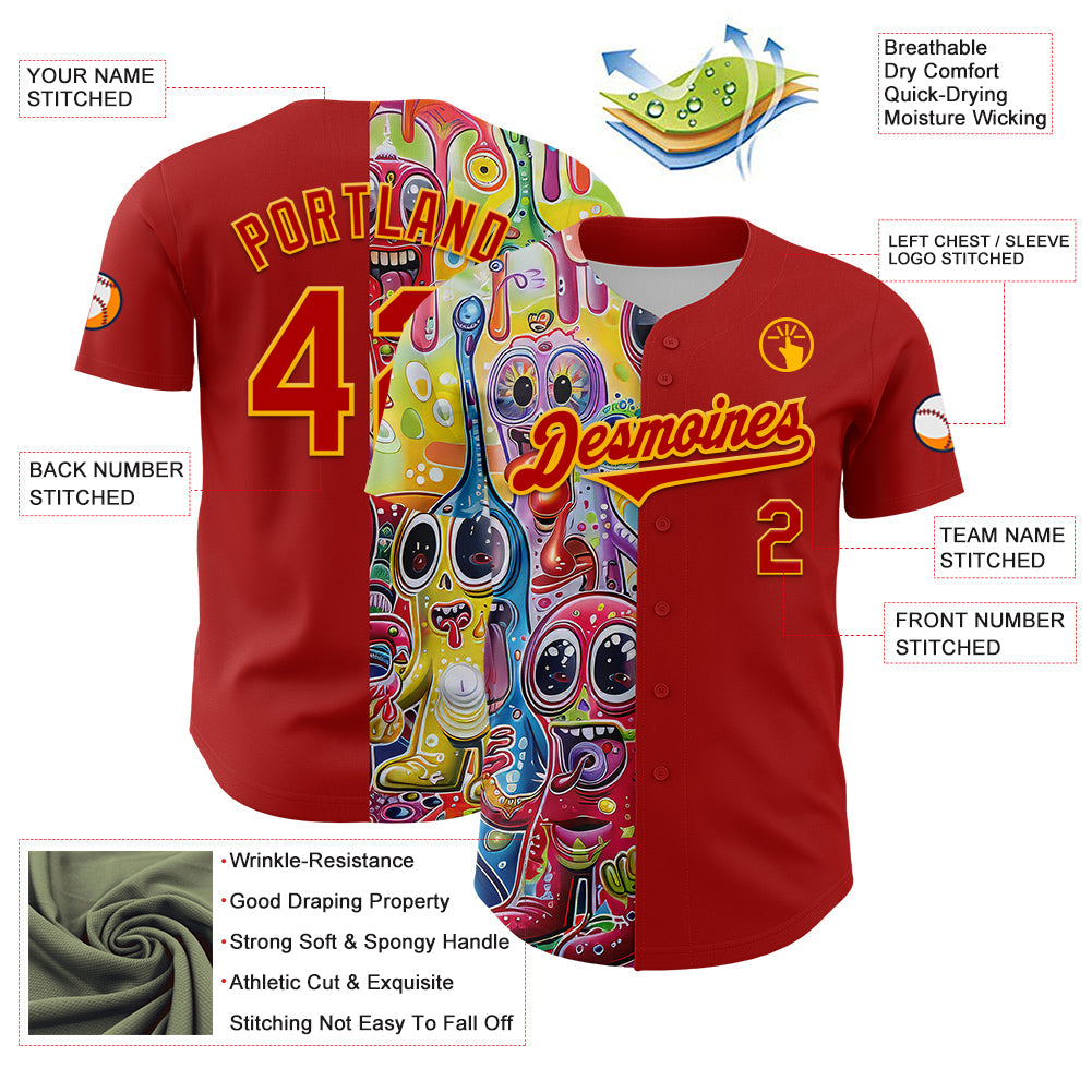 Custom Red Gold 3D Pattern Design Rave Funny Monster Authentic Baseball Jersey view 3