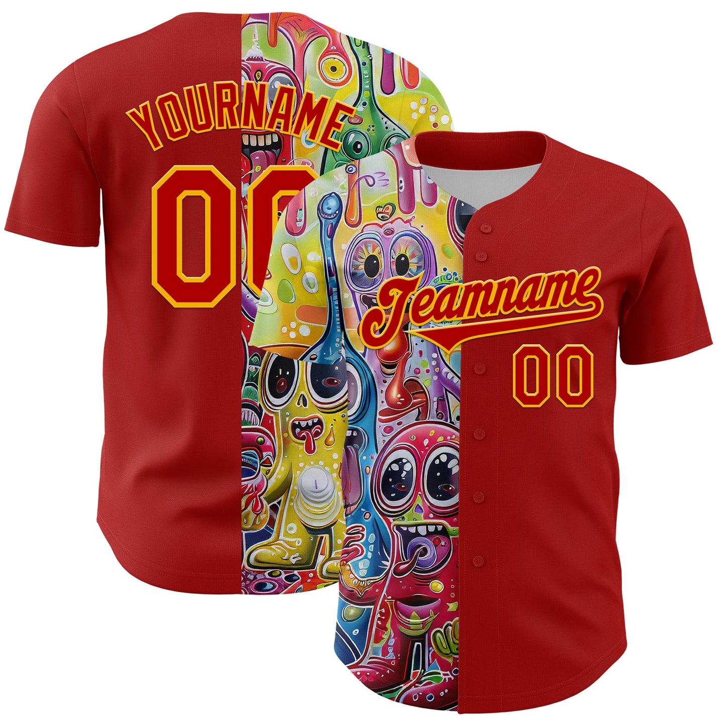 Custom Red Gold 3D Pattern Design Rave Funny Monster Authentic Baseball Jersey - Main View
