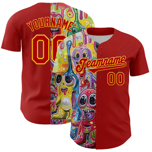 Custom Red Gold 3D Pattern Design Rave Funny Monster Authentic Baseball Jersey - Main View