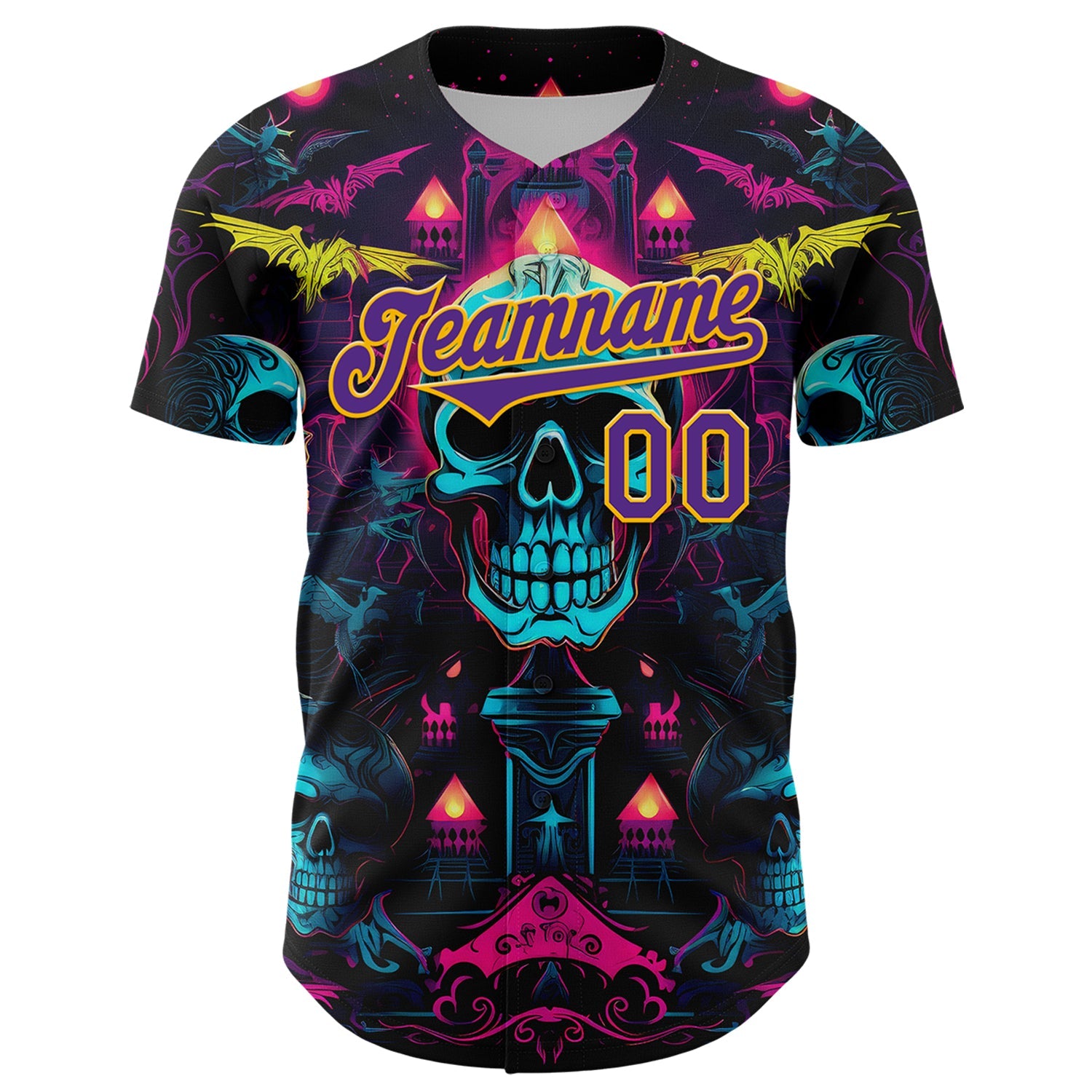 Custom Black Purple-Gold 3D Pattern Design Rave Skull Authentic Baseball Jersey view 2