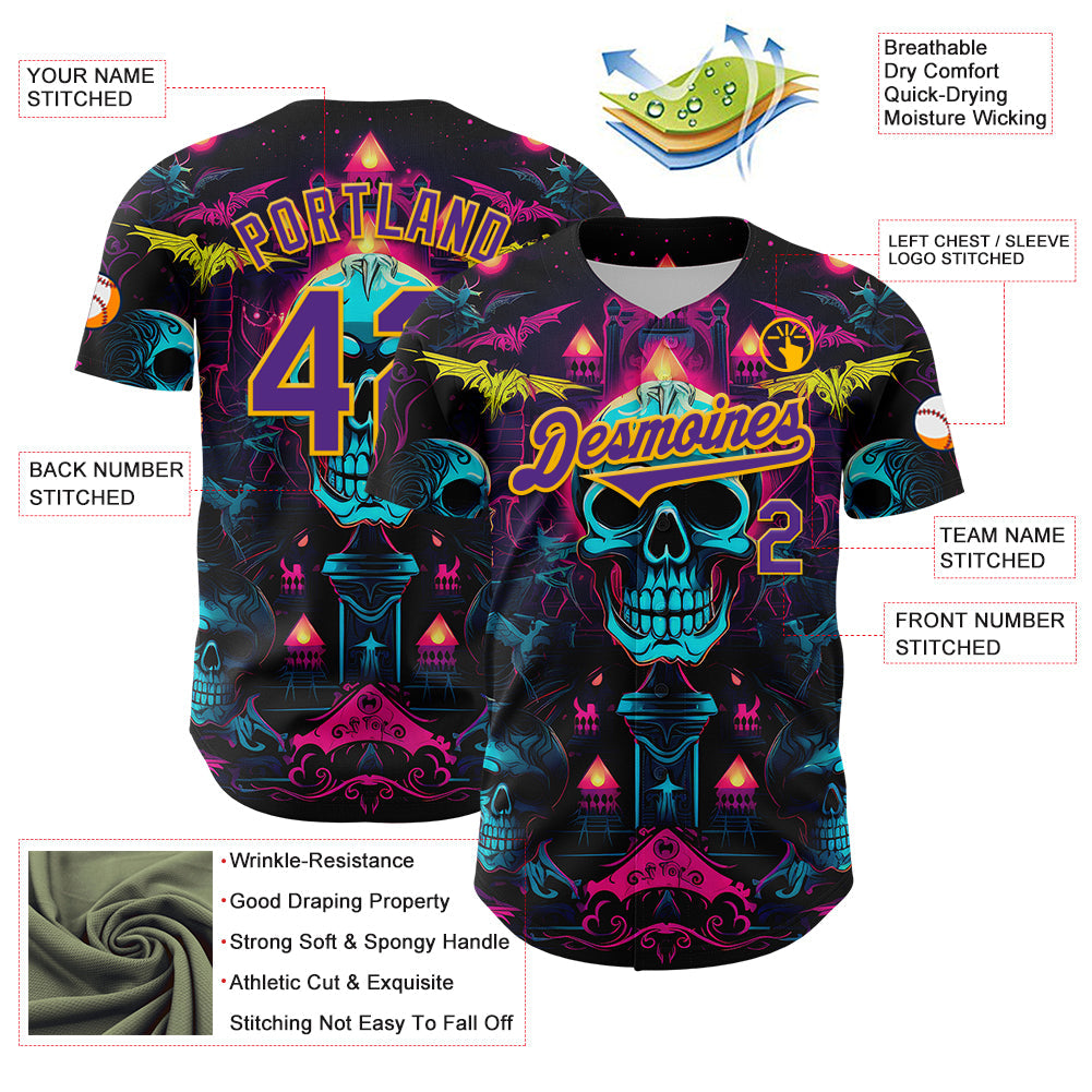 Custom Black Purple-Gold 3D Pattern Design Rave Skull Authentic Baseball Jersey view 3