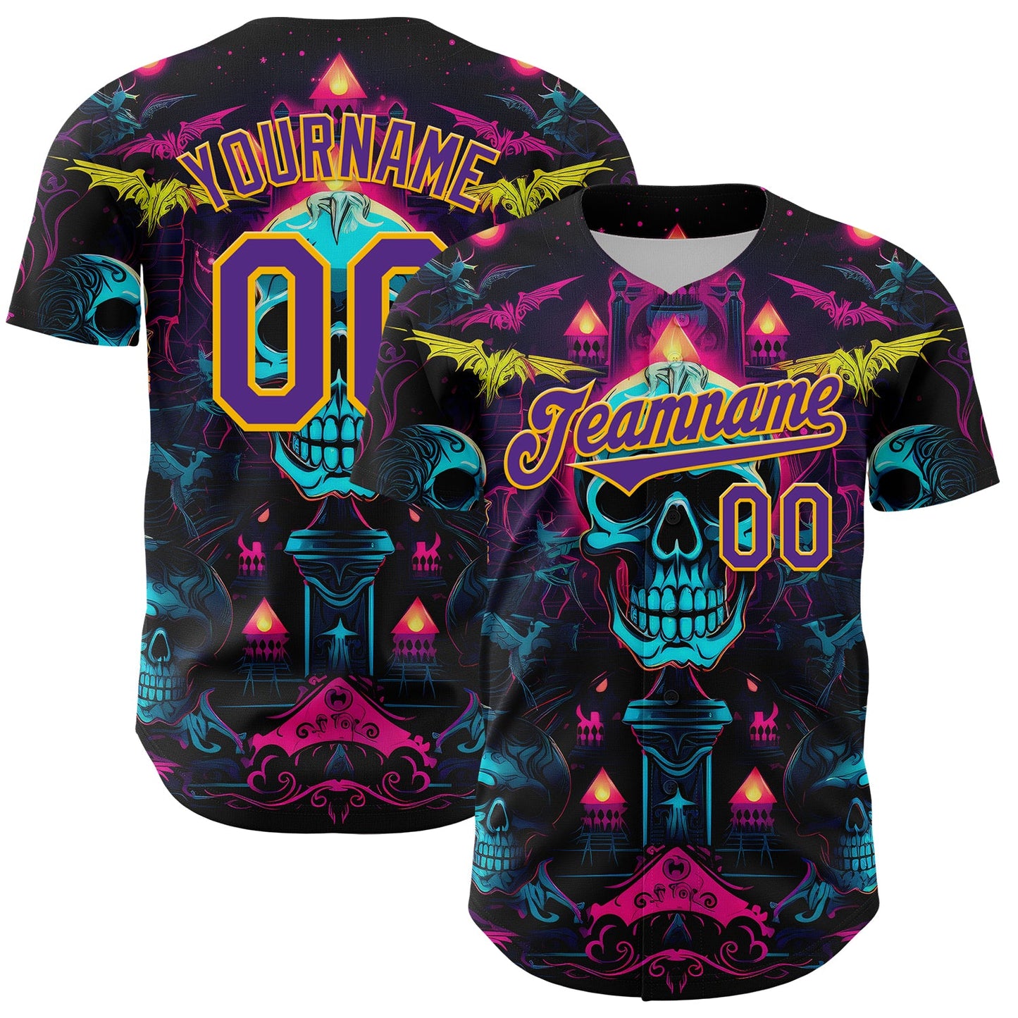 Custom Black Purple-Gold 3D Pattern Design Rave Skull Authentic Baseball Jersey - Main View