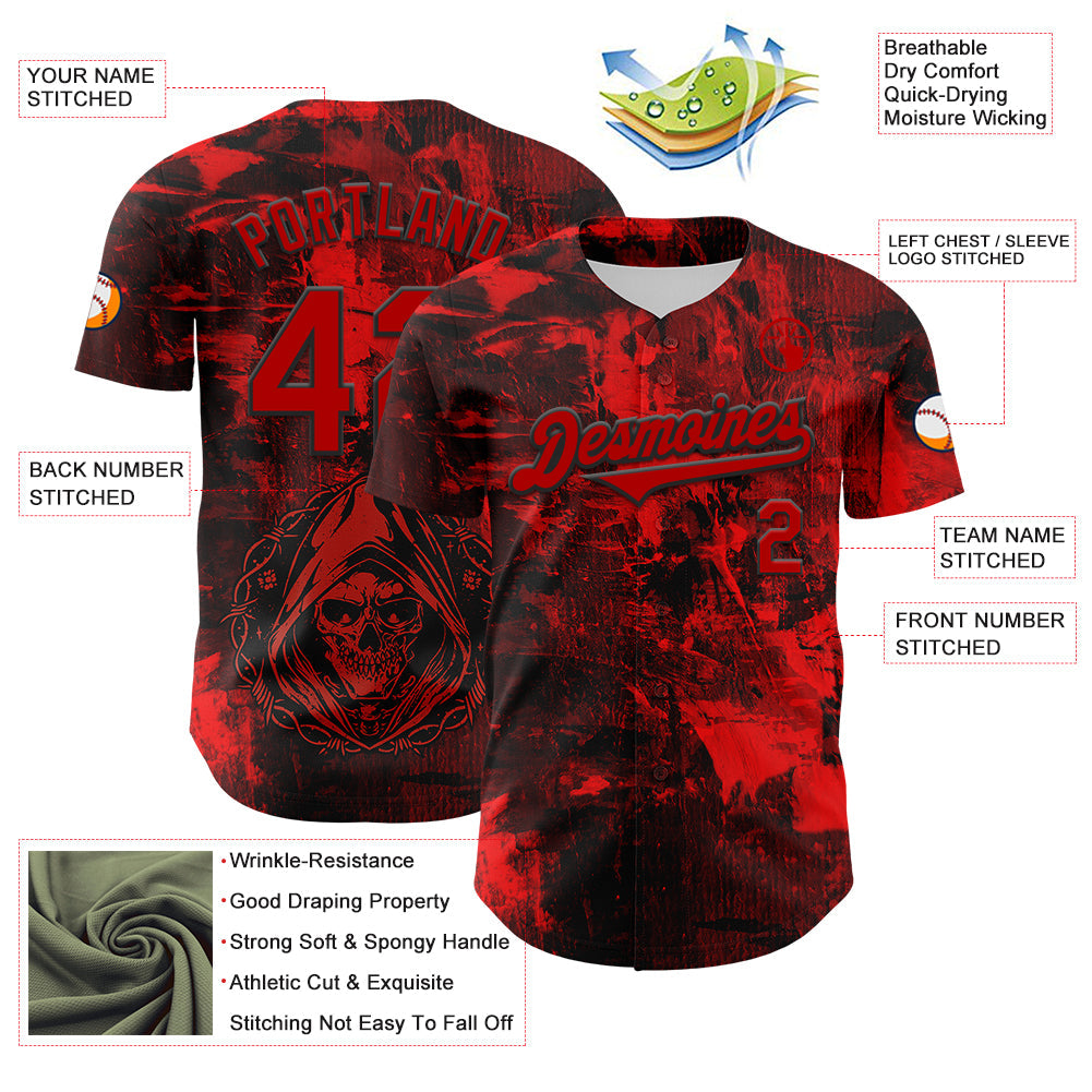 Custom Black Red 3D Pattern Design Rave Skull Authentic Baseball Jersey view 3