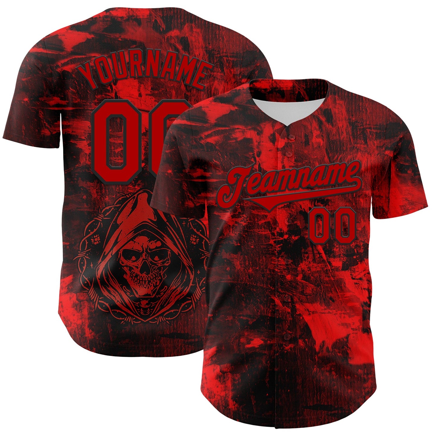 Custom Black Red 3D Pattern Design Rave Skull Authentic Baseball Jersey - Main View