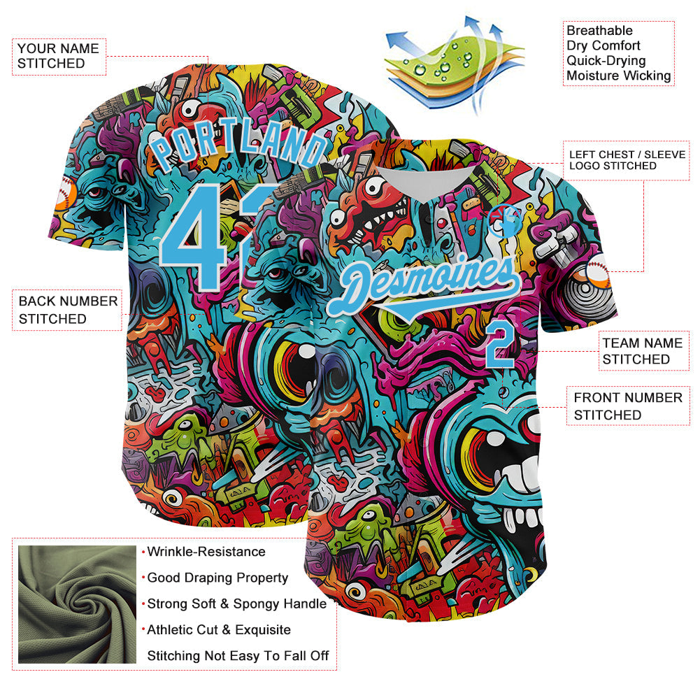 Custom White Sky Blue 3D Pattern Design Rave Psychedelic Authentic Baseball Jersey view 3