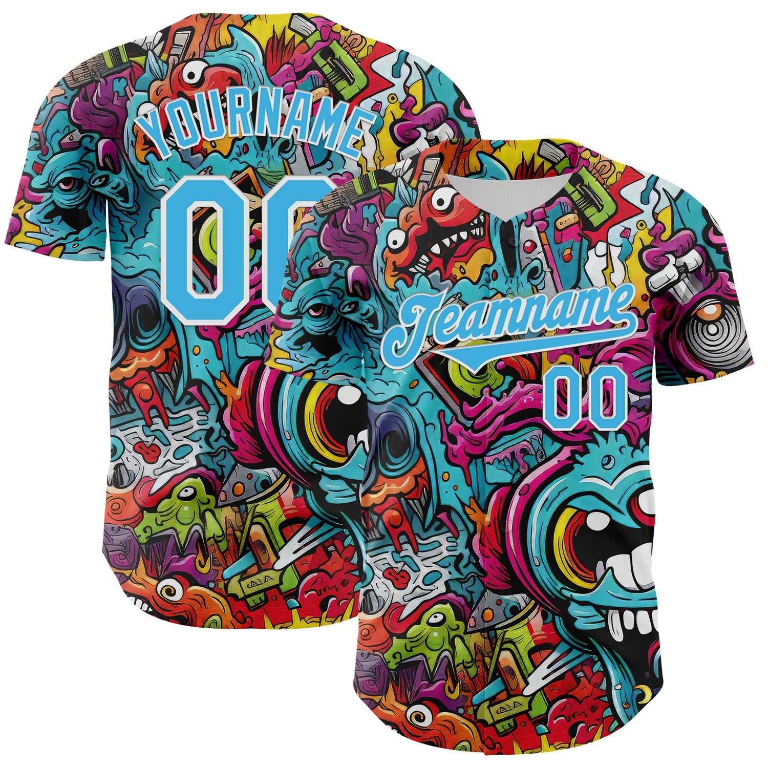 Custom White Sky Blue 3D Pattern Design Rave Psychedelic Authentic Baseball Jersey - Main View