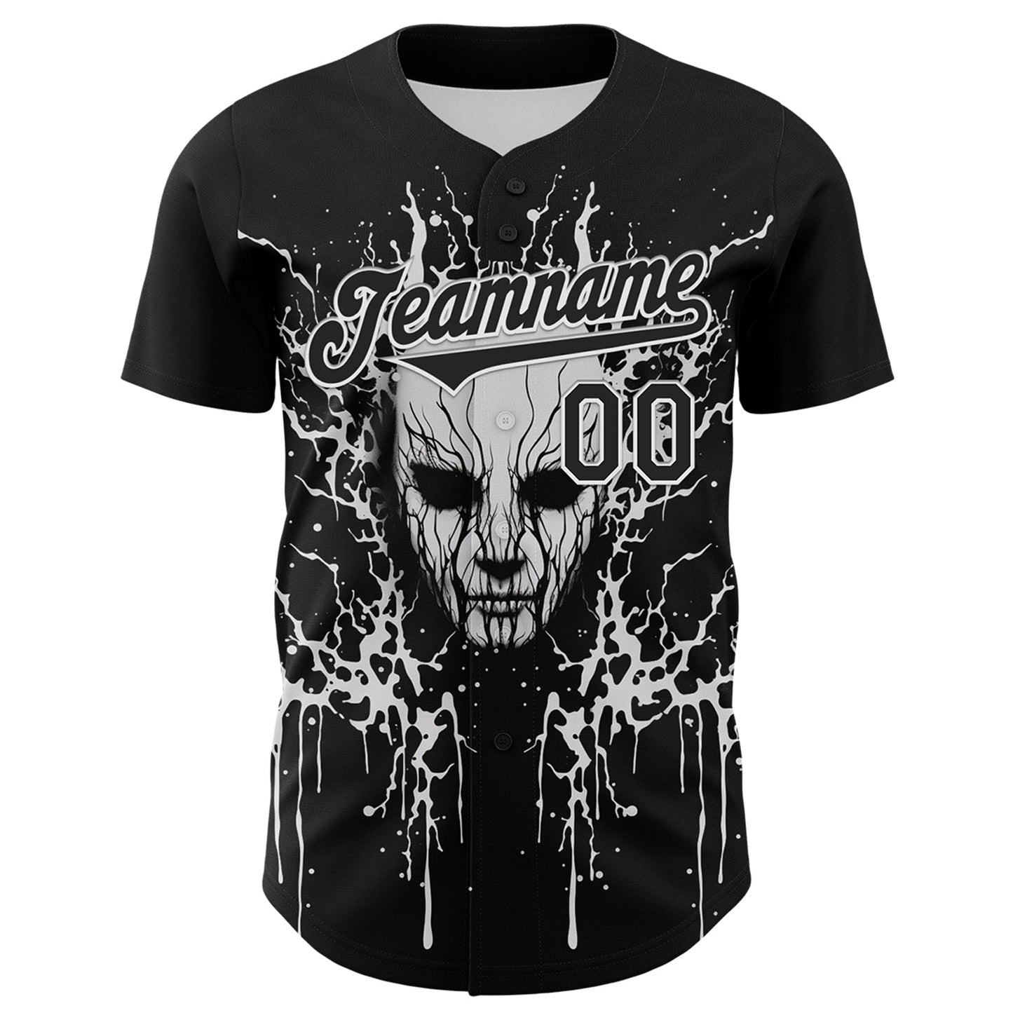 Custom Black White 3D Pattern Design Rave Skull Authentic Baseball Jersey view 2