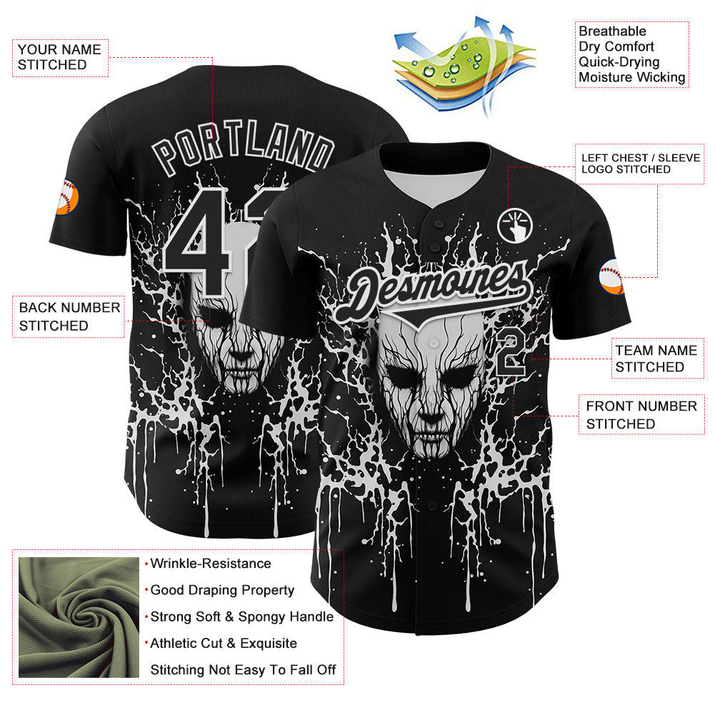 Custom Black White 3D Pattern Design Rave Skull Authentic Baseball Jersey view 3