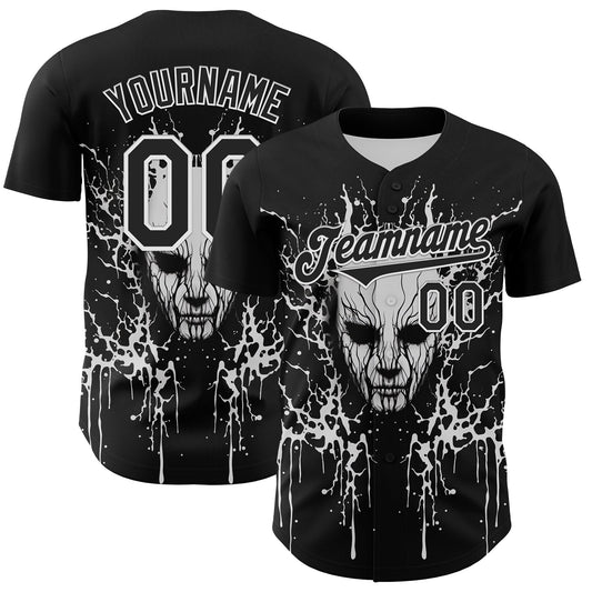 Custom Black White 3D Pattern Design Rave Skull Authentic Baseball Jersey - Main View