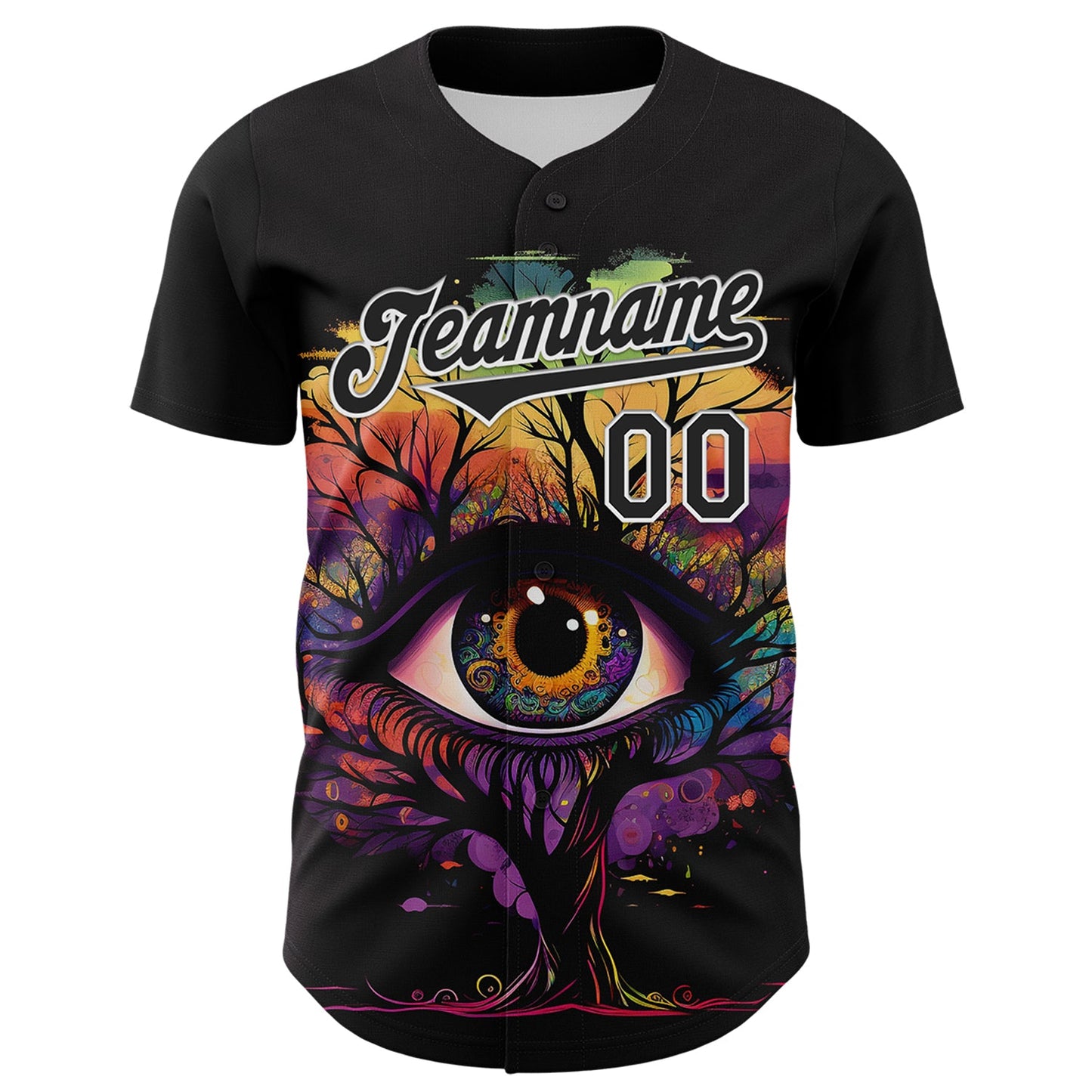 Custom Black White 3D Pattern Design Rave Tree With Eye Authentic Baseball Jersey view 2