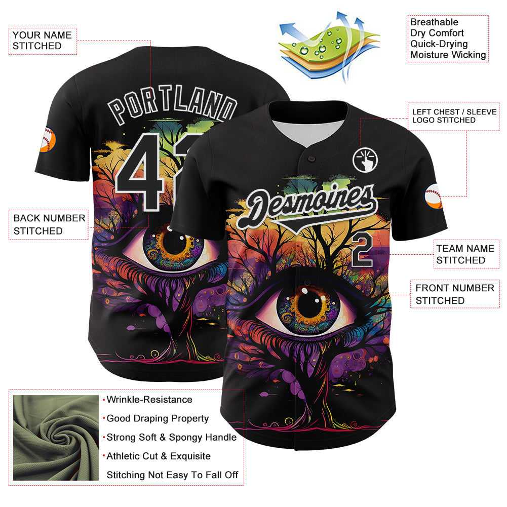 Custom Black White 3D Pattern Design Rave Tree With Eye Authentic Baseball Jersey view 3