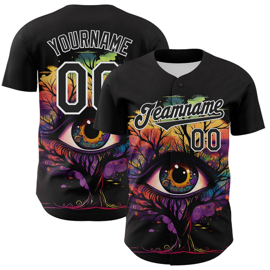 Custom Black White 3D Pattern Design Rave Tree With Eye Authentic Baseball Jersey - Main View