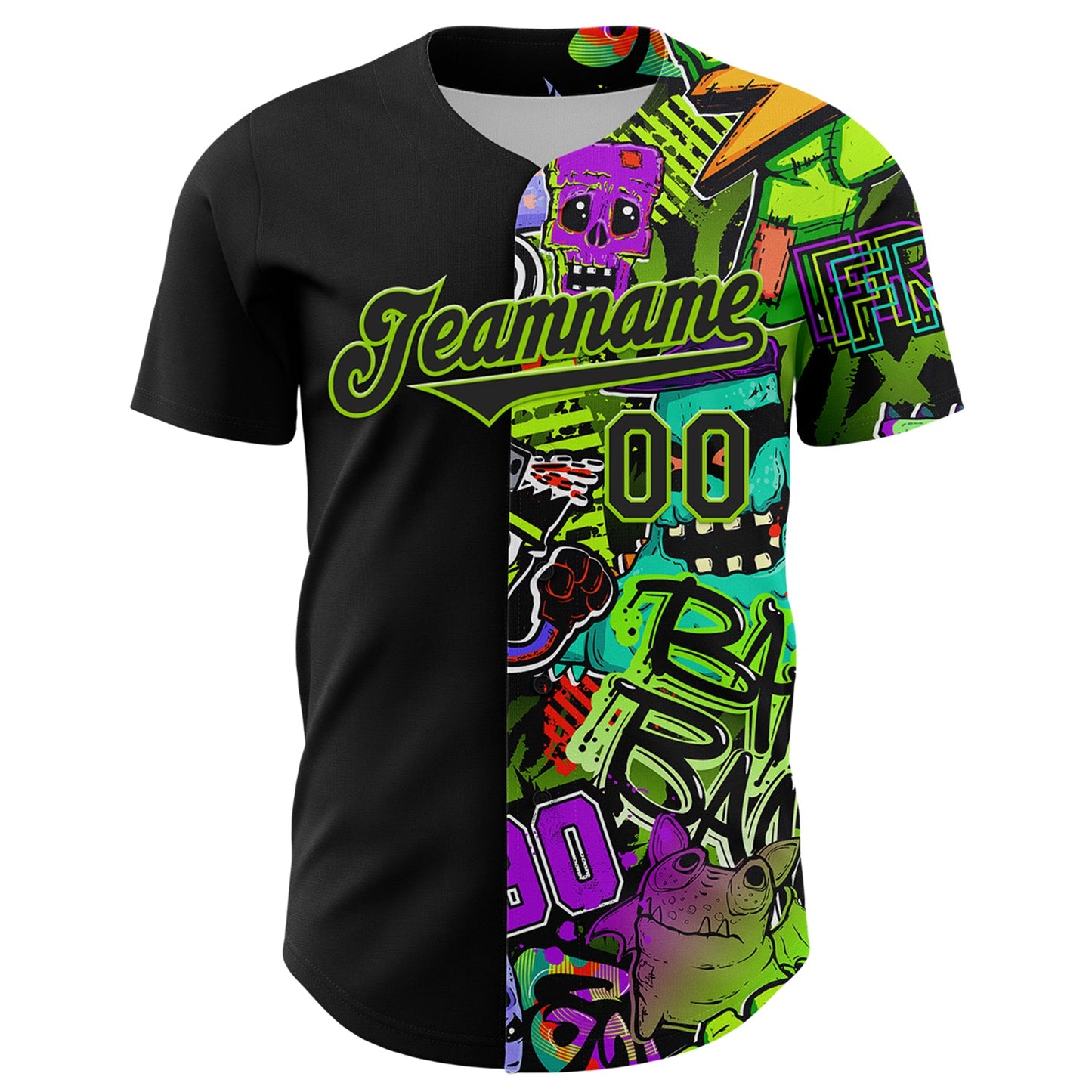 Custom Black Neon Green 3D Pattern Design Rave Monster Authentic Baseball Jersey view 2