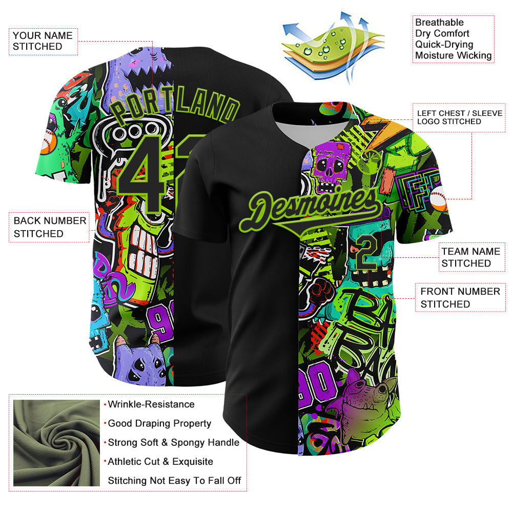 Custom Black Neon Green 3D Pattern Design Rave Monster Authentic Baseball Jersey view 3