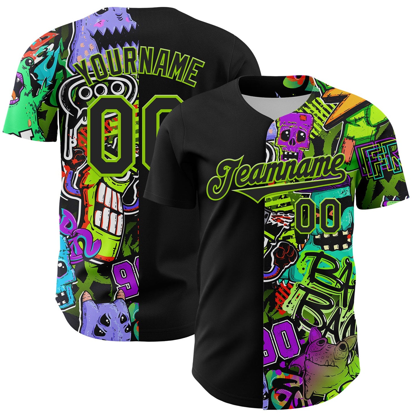 Custom Black Neon Green 3D Pattern Design Rave Monster Authentic Baseball Jersey - Main View