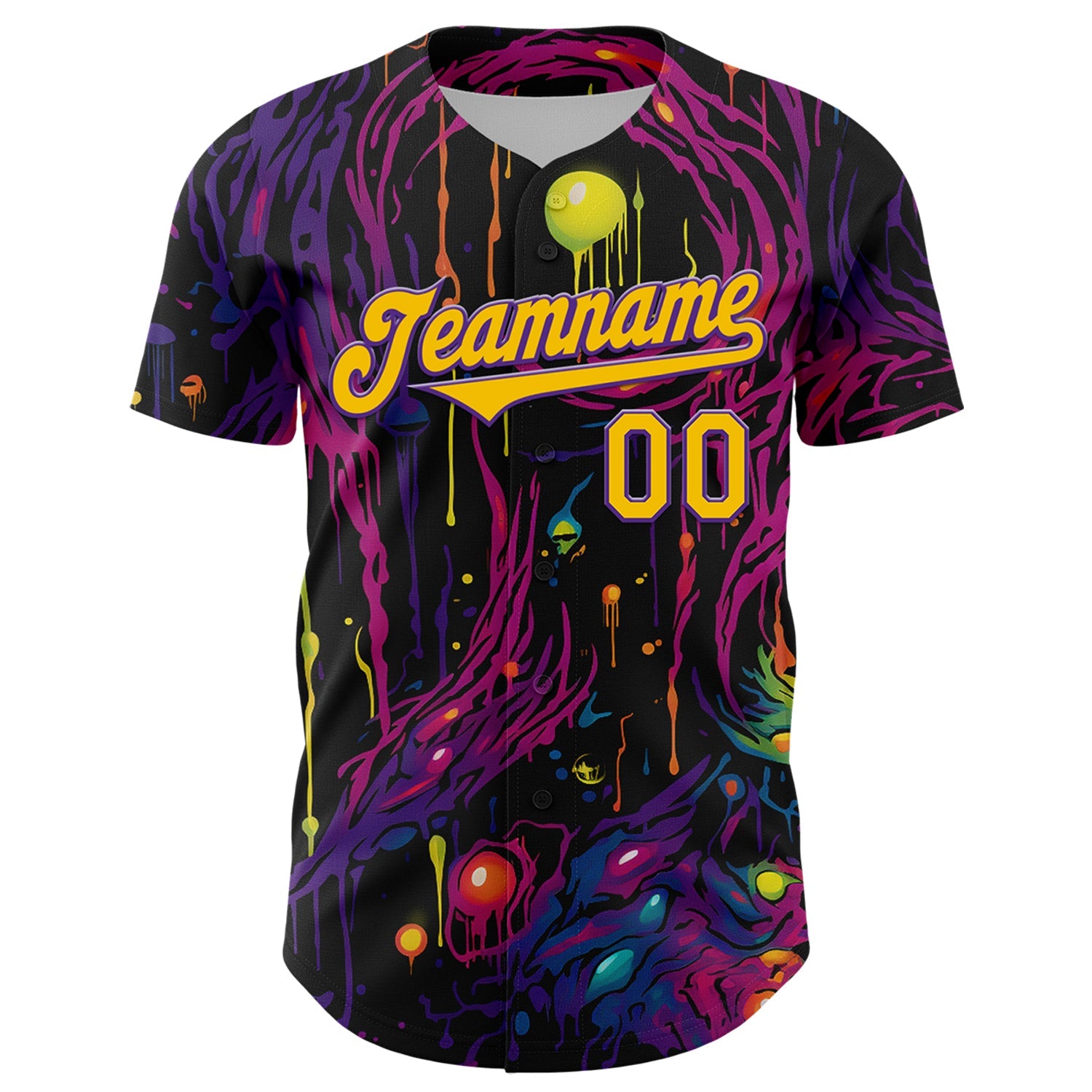 Custom Black Yellow-Purple 3D Pattern Design Rave Tree With Eye Authentic Baseball Jersey view 2