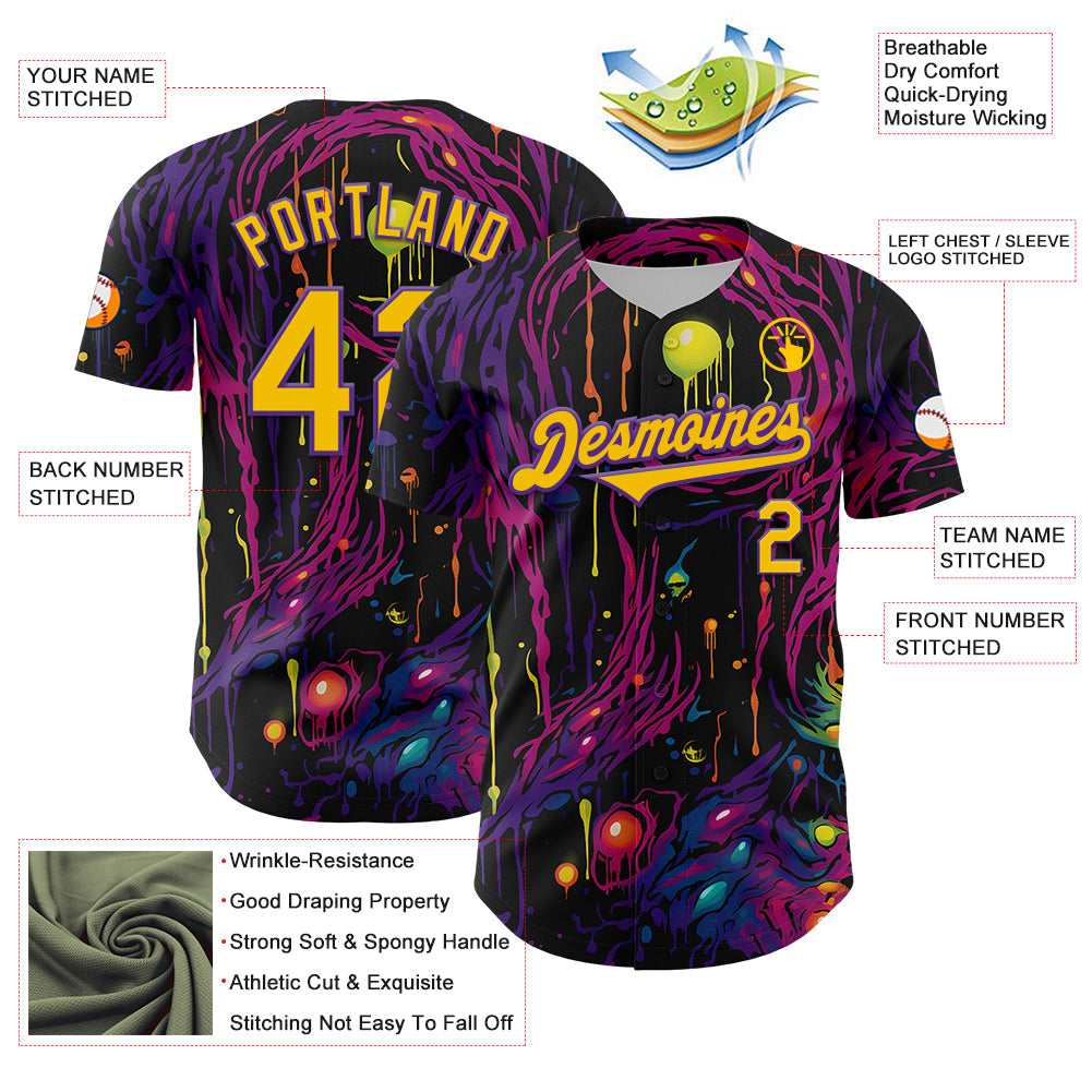 Custom Black Yellow-Purple 3D Pattern Design Rave Tree With Eye Authentic Baseball Jersey view 3