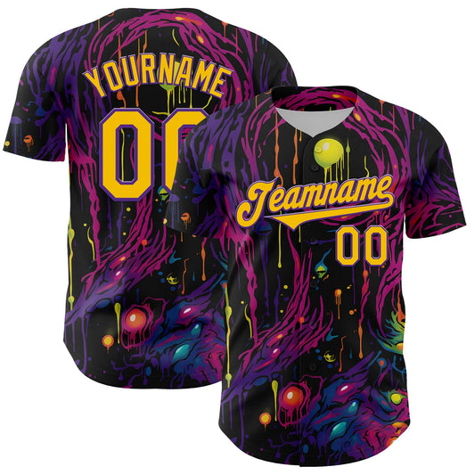 Custom Black Yellow-Purple 3D Pattern Design Rave Tree With Eye Authentic Baseball Jersey - Main View