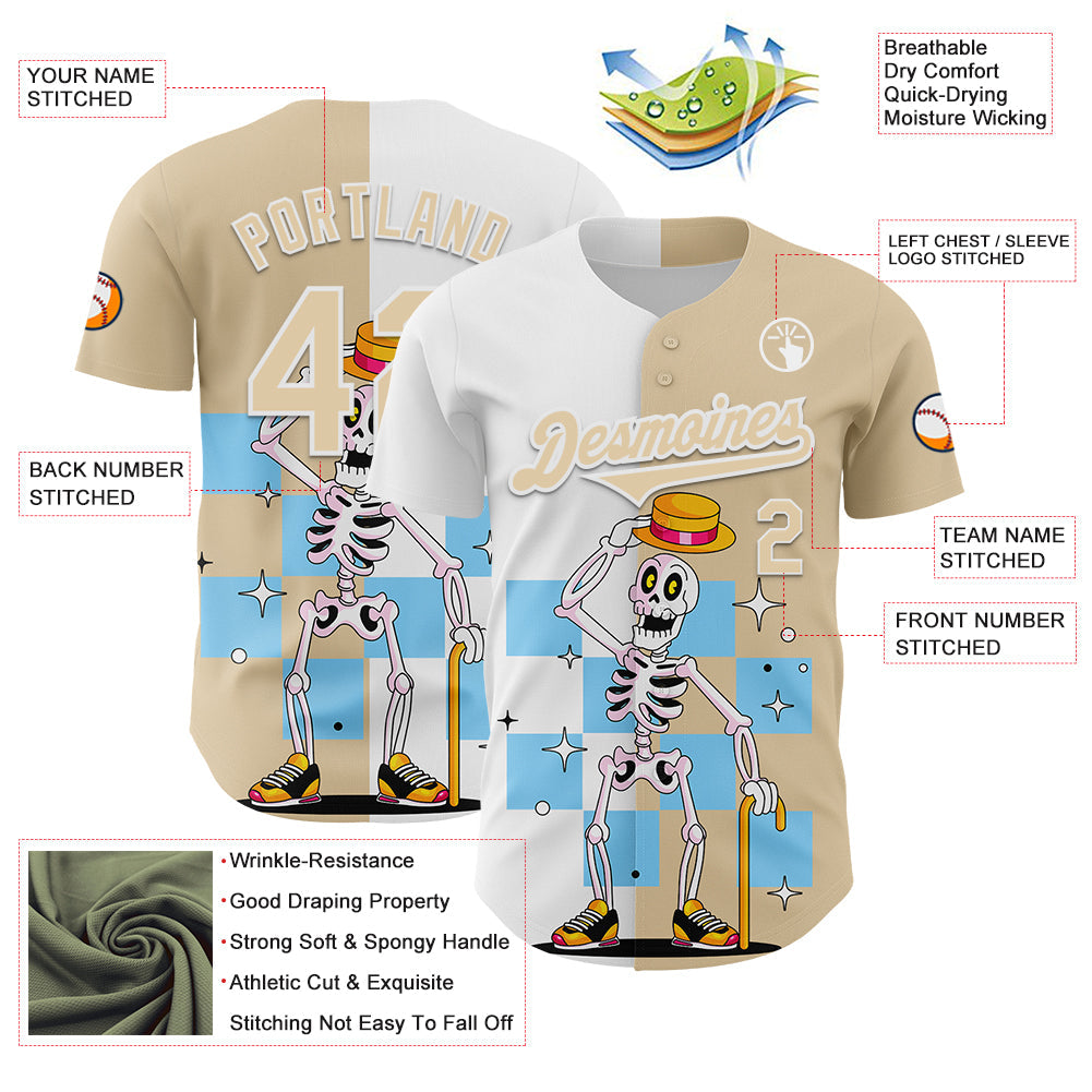 Custom City Cream White 3D Pattern Design Rave Skeleton Authentic Baseball Jersey view 3