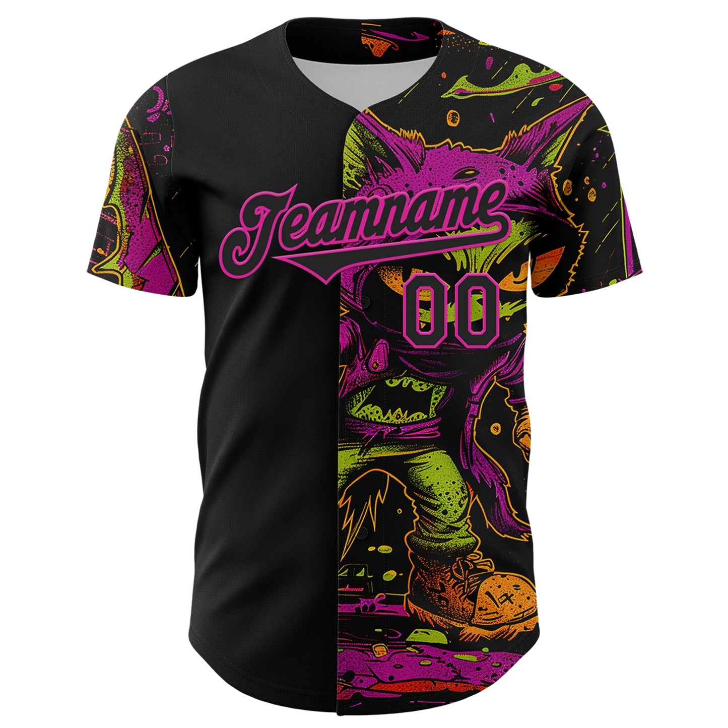 Custom Black Deep Pink 3D Pattern Design Rave Monster Authentic Baseball Jersey view 2