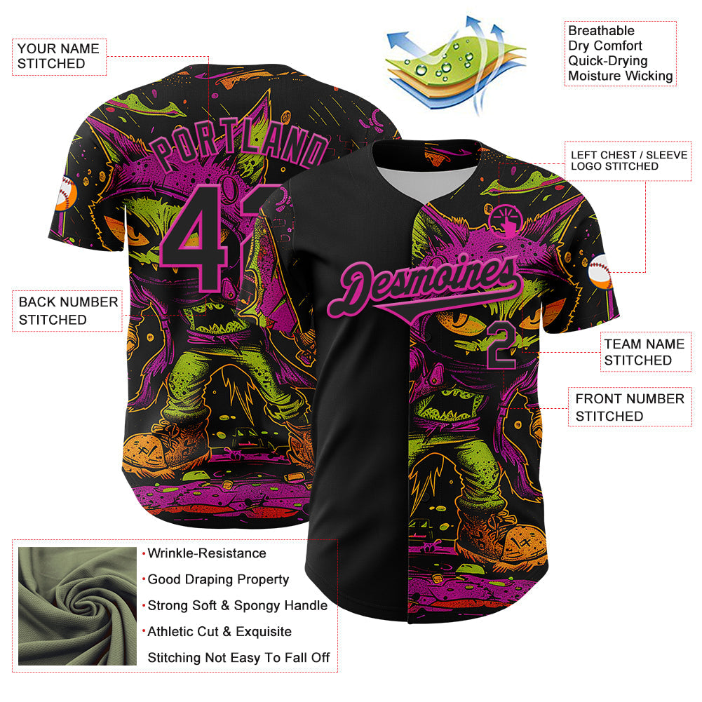 Custom Black Deep Pink 3D Pattern Design Rave Monster Authentic Baseball Jersey view 3