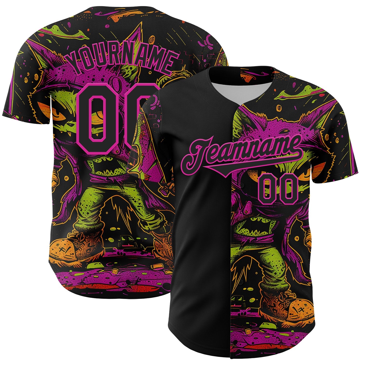 Custom Black Deep Pink 3D Pattern Design Rave Monster Authentic Baseball Jersey - Main View