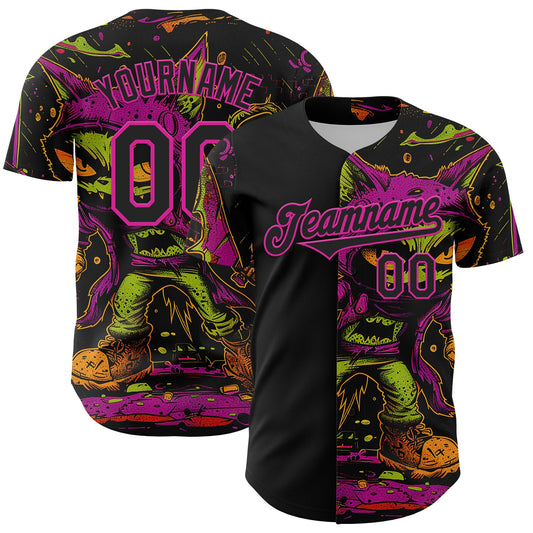 Custom Black Deep Pink 3D Pattern Design Rave Monster Authentic Baseball Jersey - Main View