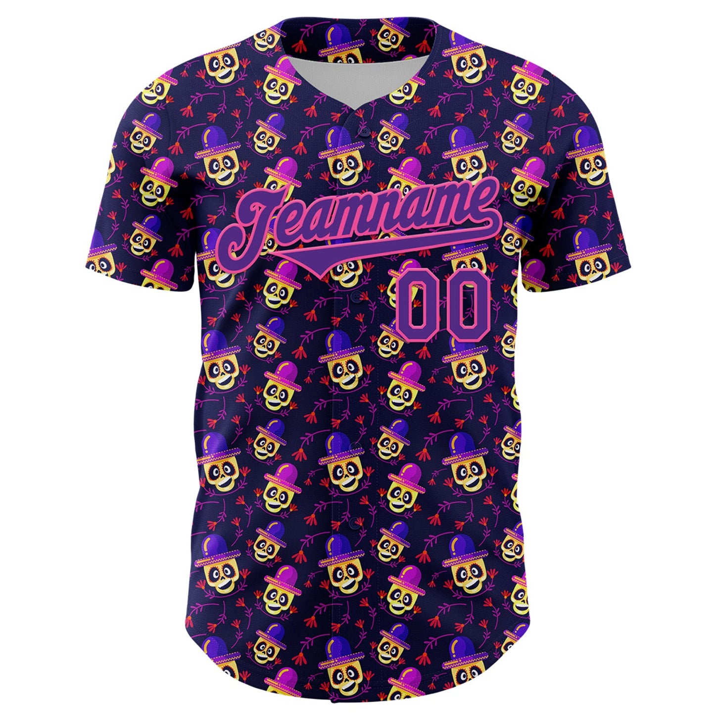 Custom Purple Pink 3D Pattern Design Rave Skull Authentic Baseball Jersey view 2