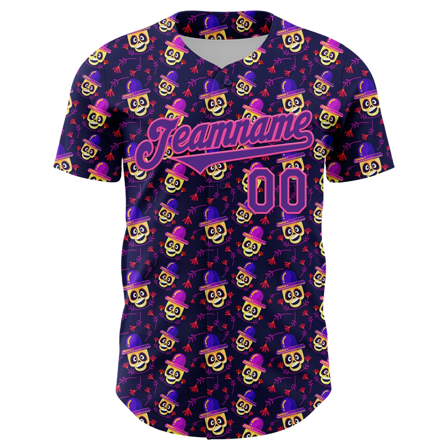 Custom Purple Pink 3D Pattern Design Rave Skull Authentic Baseball Jersey view 2